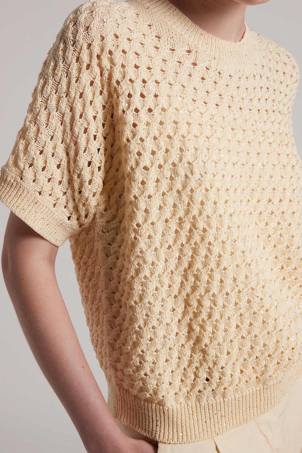 Short Sleeve Knit Sweater-AMBER/BEIGE-38-CLOTHINGTOPKNITS-PESERICO