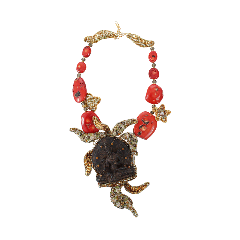 PETER CIESLA-Tsatsa And Coral Woven Necklace-CRL/GLD
