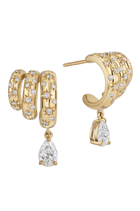 Diamond Star Set Triple Hoop Drop Earrings-YELLOW GOLD-JEWELRYFINE JEWELEARRING-PHILLIPS HOUSE