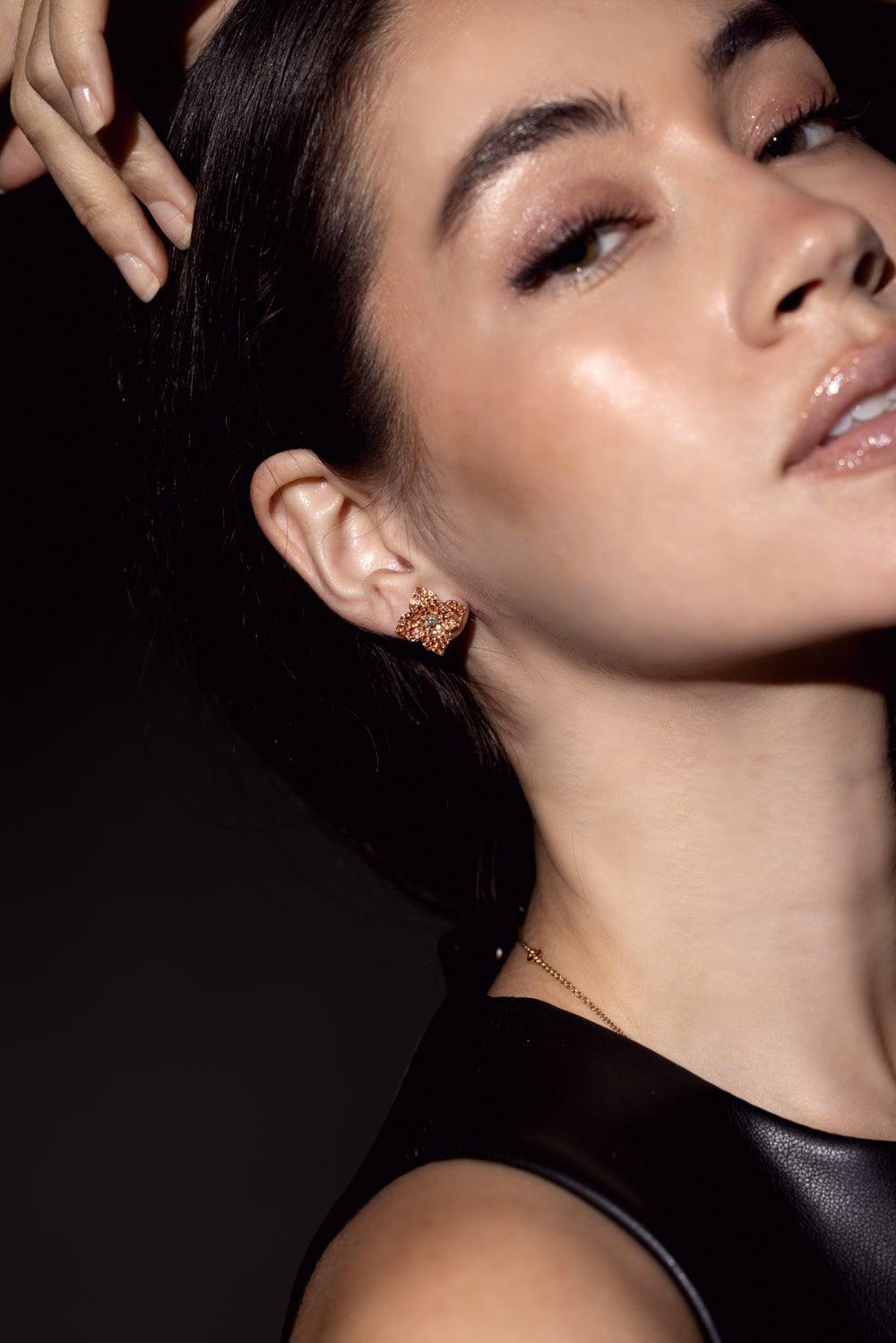 PIRANESI-Orange Sapphire Small Flower Stud Earrings-ROSE GOLD