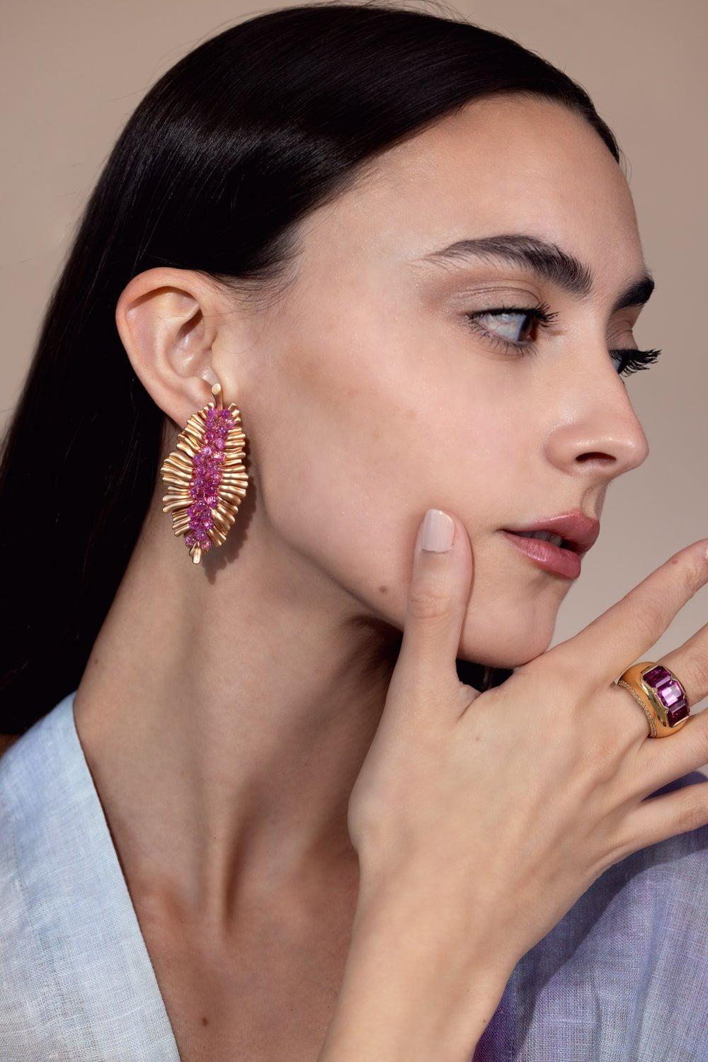 PIRANESI-Pink Sapphire Briolette Leaf Earrings-ROSE GOLD
