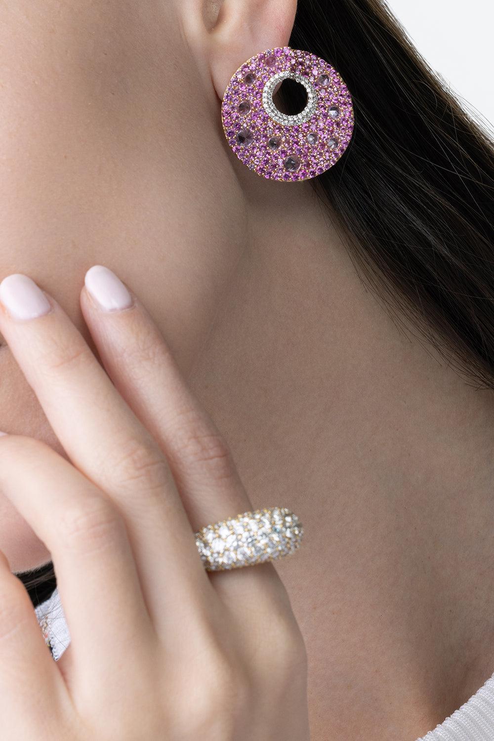Pink Sapphire Diamond Hoop Earrings-ROSE GOLD-JEWELRYFINE JEWELEARRING-PIRANESI