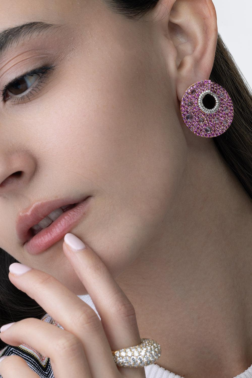 Pink Sapphire Diamond Hoop Earrings-ROSE GOLD-JEWELRYFINE JEWELEARRING-PIRANESI