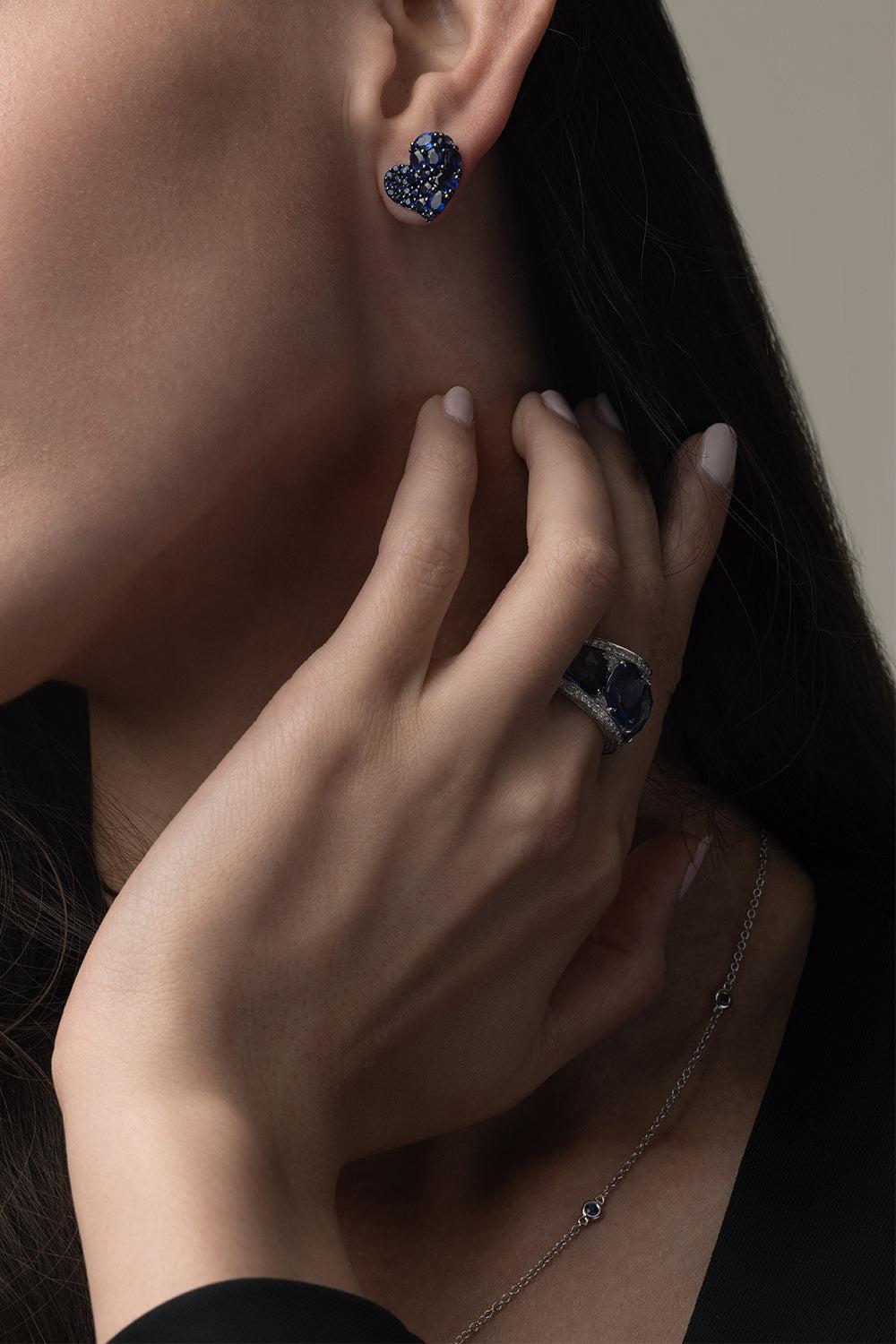 Blue Sapphire Small Wave Heart Earrings-WHITE GOLD-JEWELRYFINE JEWELEARRING-PIRANESI