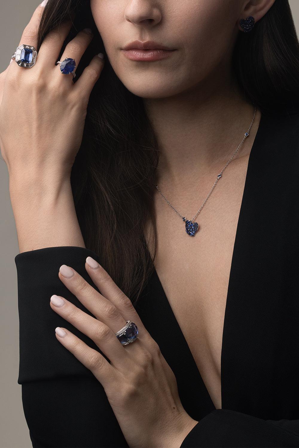 Blue Sapphire Small Wave Heart Earrings-WHITE GOLD-JEWELRYFINE JEWELEARRING-PIRANESI