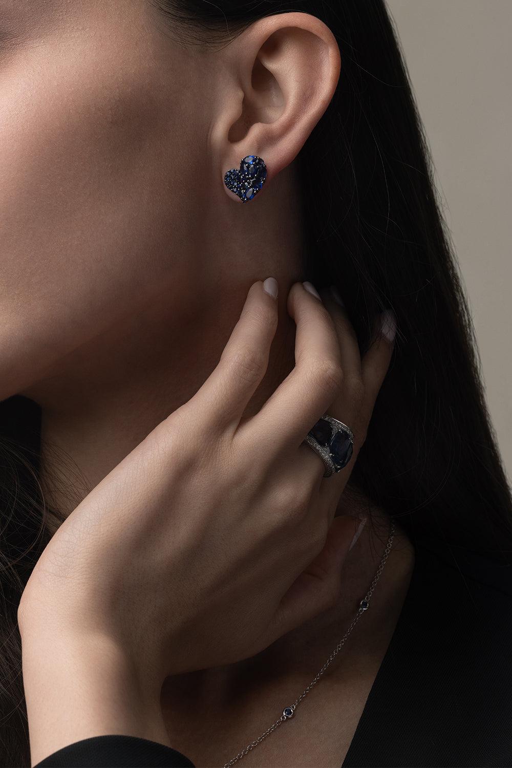 Blue Sapphire Small Wave Heart Earrings-WHITE GOLD-JEWELRYFINE JEWELEARRING-PIRANESI