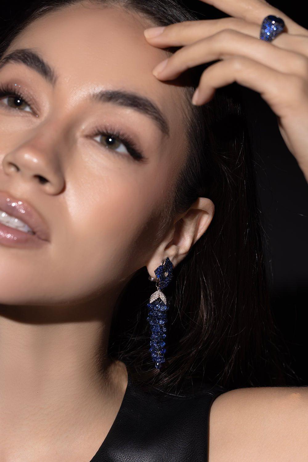 PIRANESI-Large Sapphire Flower Drop Earrings-WHITE GOLD