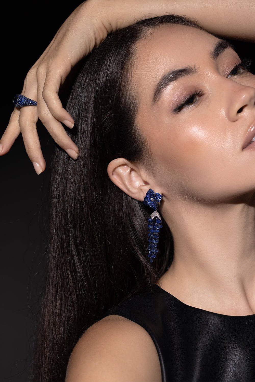 PIRANESI-Large Sapphire Flower Drop Earrings-WHITE GOLD