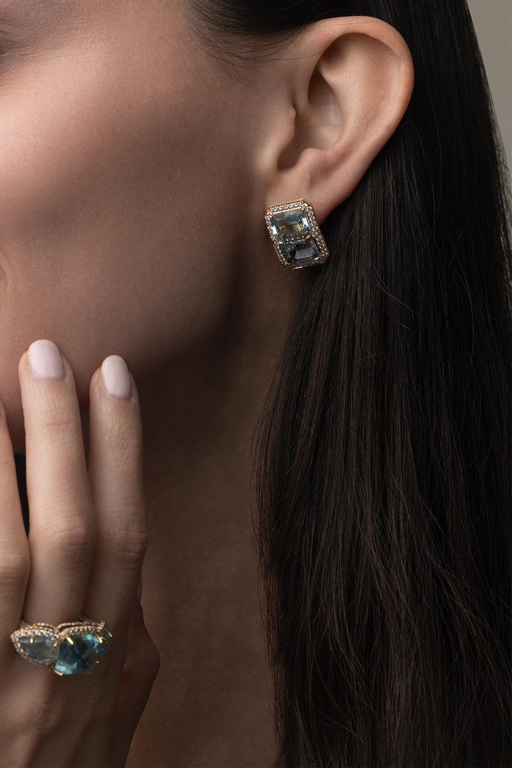 Aquamarine Diamond Halo Earrings-YELLOW GOLD-JEWELRYFINE JEWELEARRING-PIRANESI