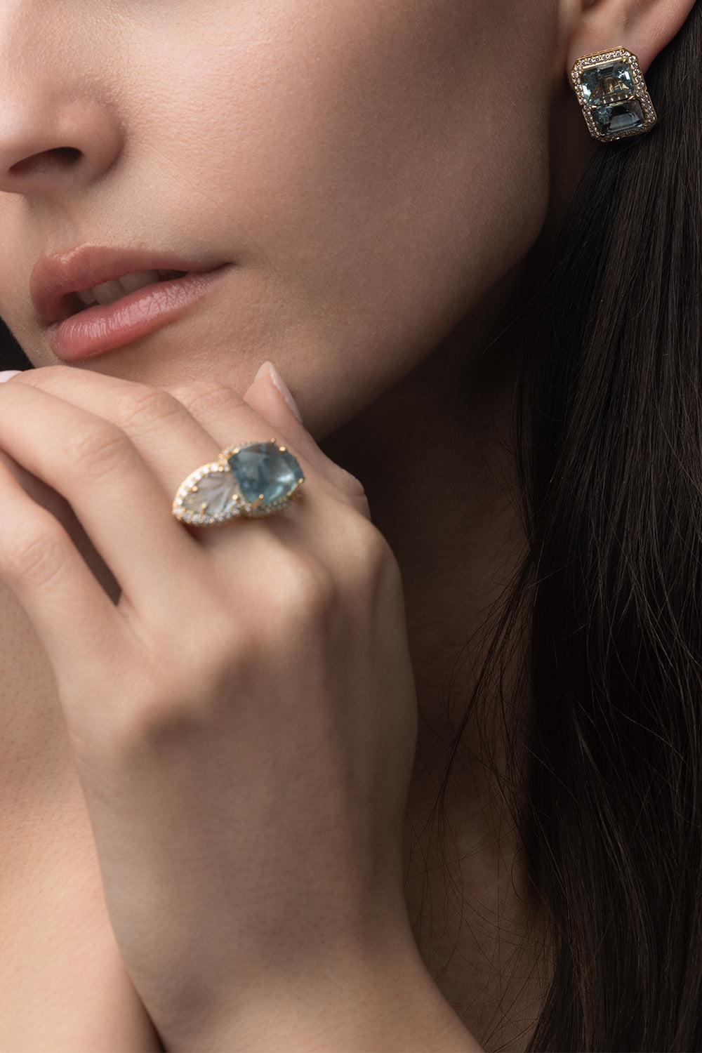 Aquamarine Diamond Halo Earrings-YELLOW GOLD-JEWELRYFINE JEWELEARRING-PIRANESI