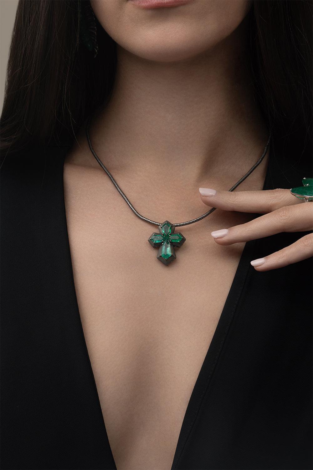 Emerald Cross Necklace-BLACK GOLD-JEWELRYFINE JEWELNECKLACE O-PIRANESI