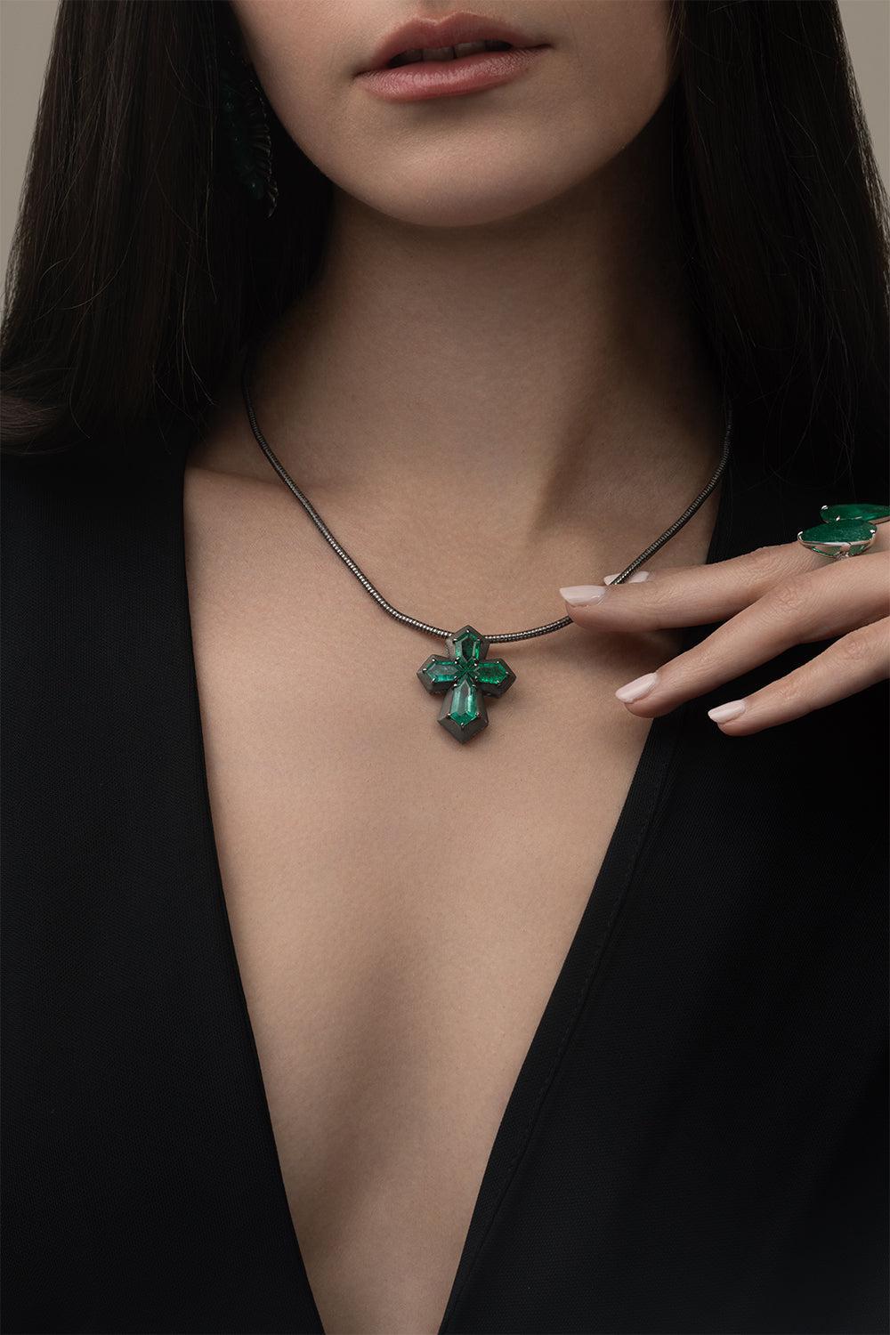 Emerald Cross Necklace-BLACK GOLD-JEWELRYFINE JEWELNECKLACE O-PIRANESI