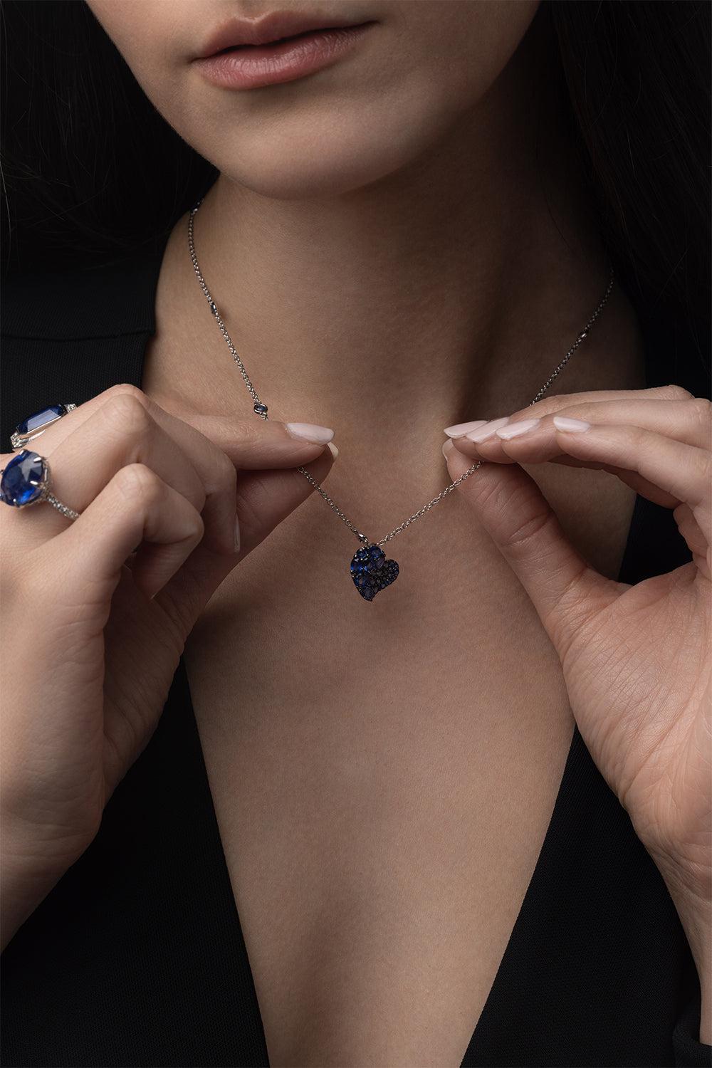 Blue Sapphire Small Wave Heart Necklace-WHITE GOLD-17-JEWELRYFINE JEWELNECKLACE O-PIRANESI