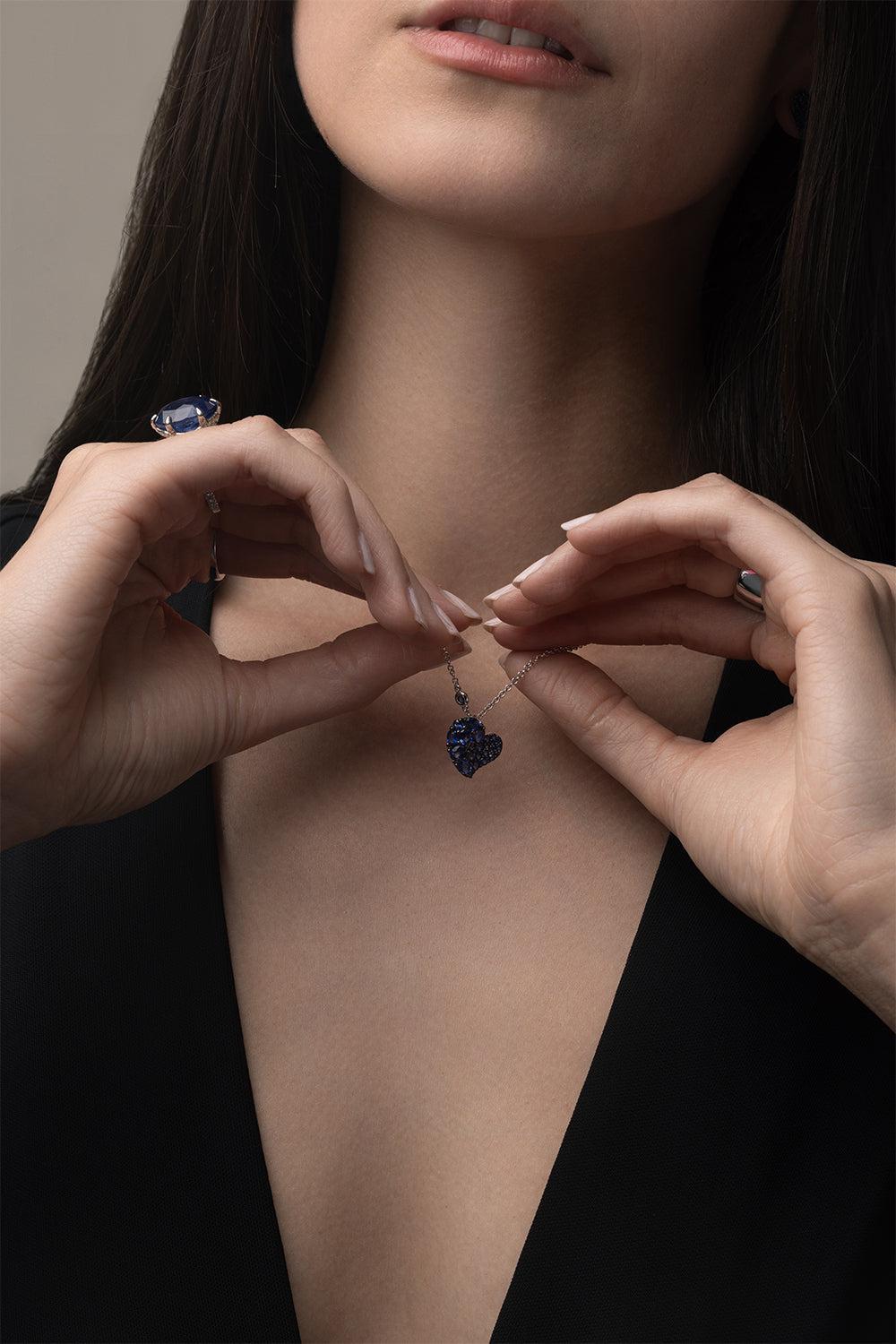 Blue Sapphire Small Wave Heart Necklace-WHITE GOLD-17-JEWELRYFINE JEWELNECKLACE O-PIRANESI