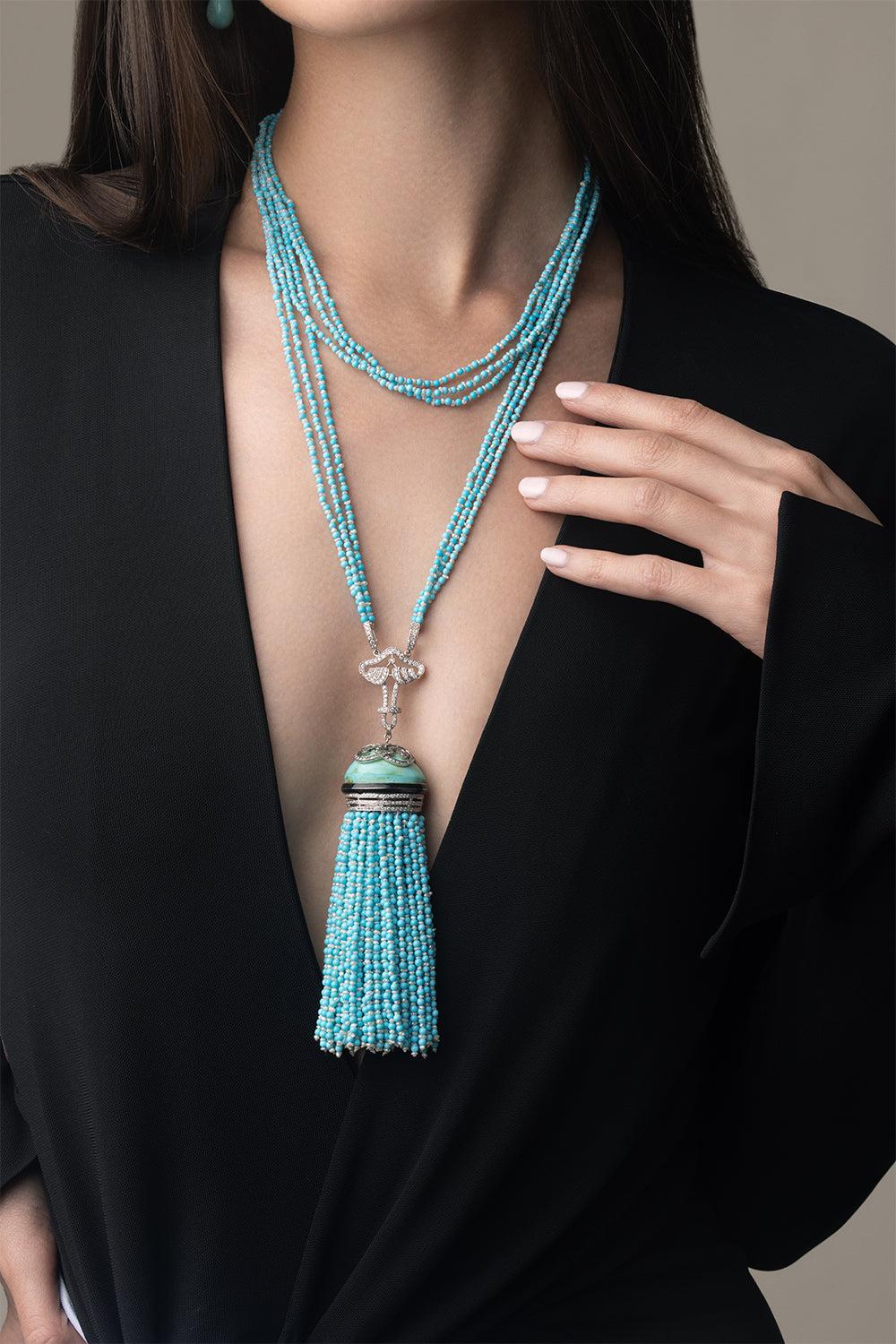 Turquoise Beaded Necklace-WHITE GOLD-JEWELRYFINE JEWELNECKLACE O-PIRANESI