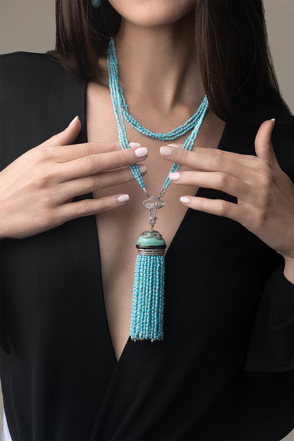 Turquoise Beaded Necklace-WHITE GOLD-JEWELRYFINE JEWELNECKLACE O-PIRANESI
