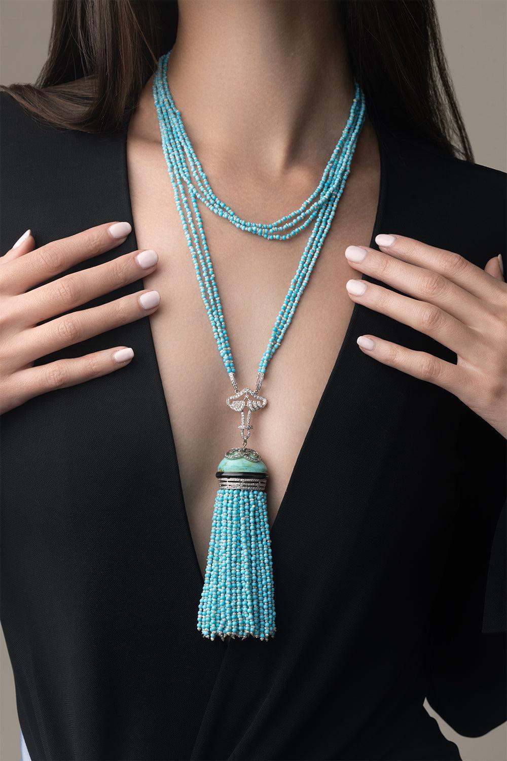 Turquoise Beaded Necklace-WHITE GOLD-JEWELRYFINE JEWELNECKLACE O-PIRANESI