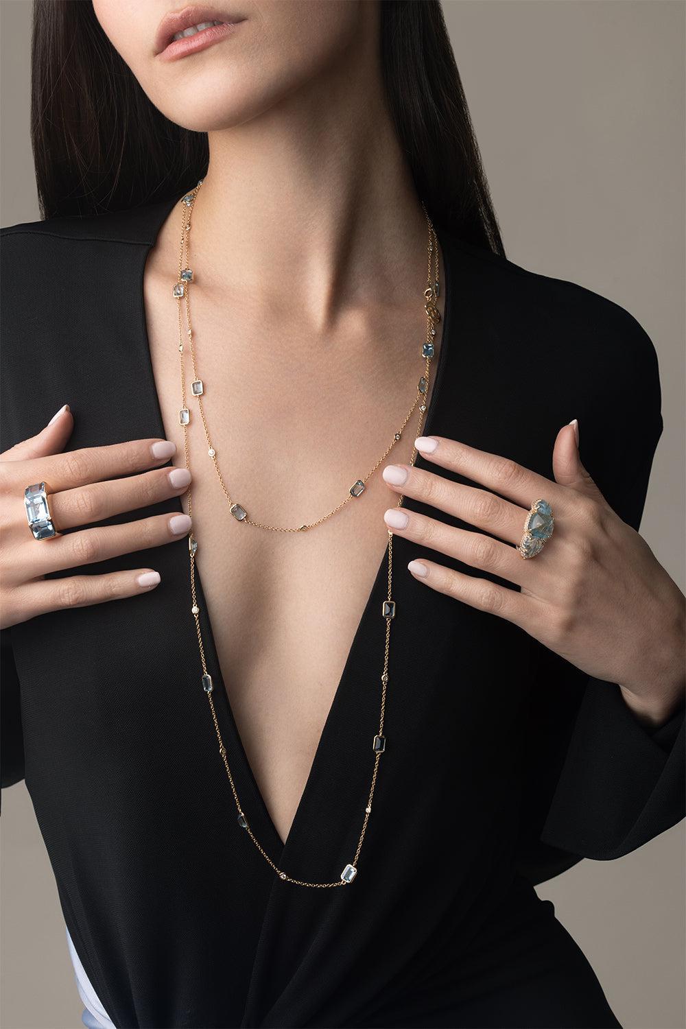 Aquamarine Diamond Chain Necklace-YELLOW GOLD-59-JEWELRYFINE JEWELNECKLACE O-PIRANESI