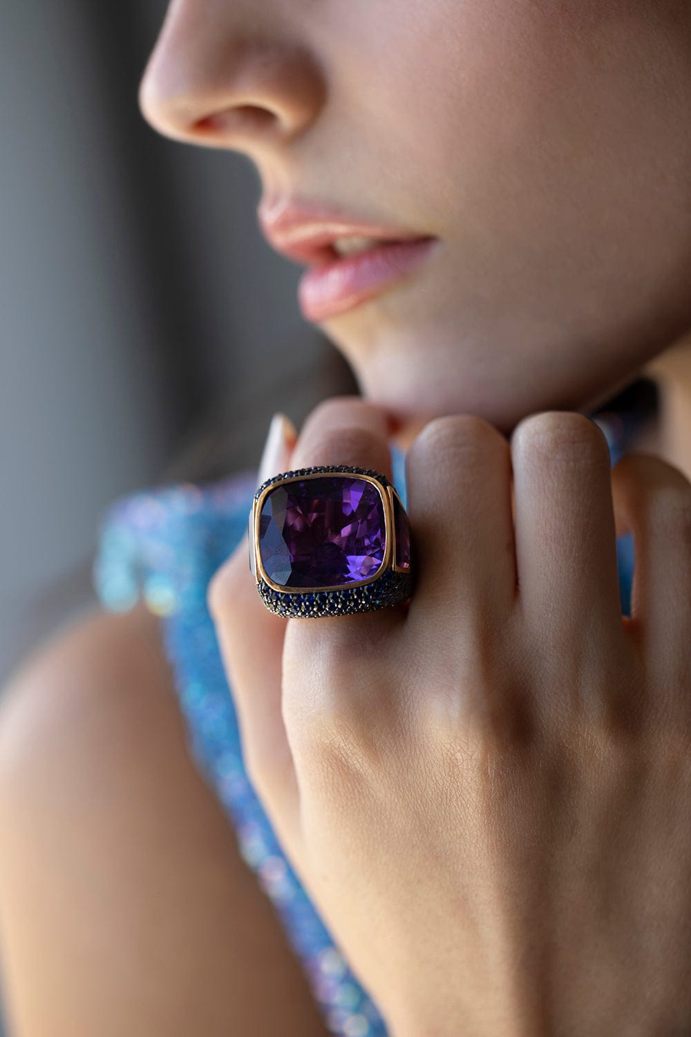 PIRANESI-Amethyst and Blue Sapphire Cushion Ring-ROSE GOLD