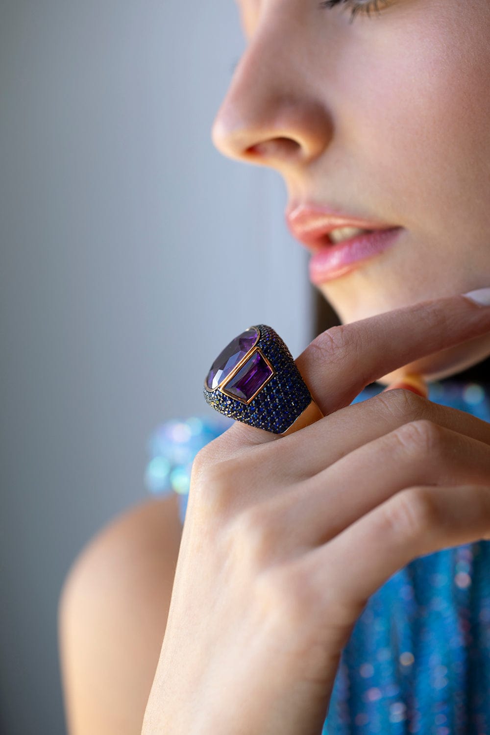 PIRANESI-Amethyst and Blue Sapphire Cushion Ring-ROSE GOLD