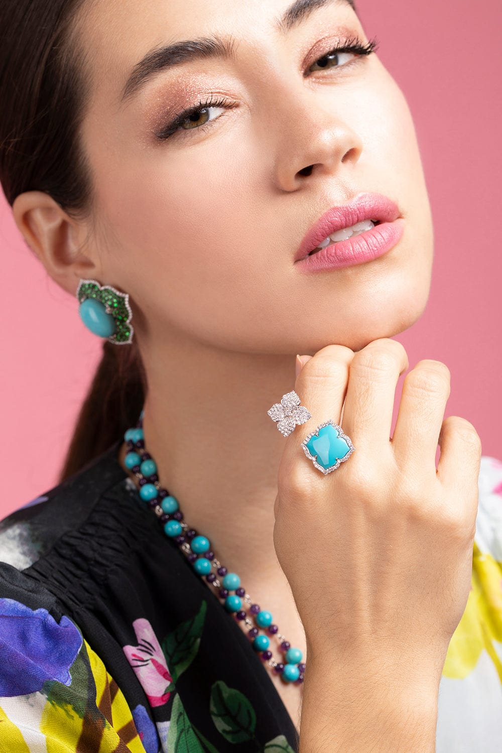 PIRANESI-Carved Turquoise and Diamond Flower Ring-WHITE GOLD