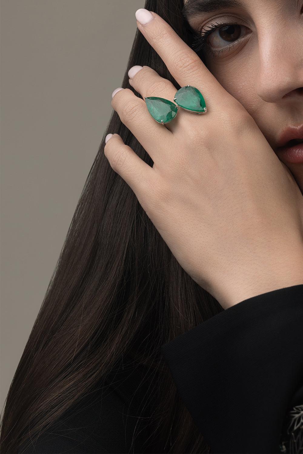 Double Emerald Pearshape Ring-WHITE GOLD-7-JEWELRYFINE JEWELRING-PIRANESI