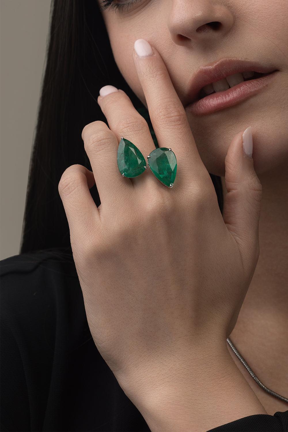 Double Emerald Pearshape Ring-WHITE GOLD-7-JEWELRYFINE JEWELRING-PIRANESI
