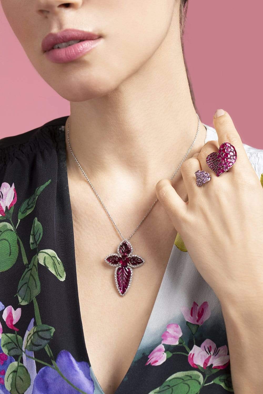 PIRANESI-Ruby and Purple Sapphire Double Heart Ring-WHITE GOLD