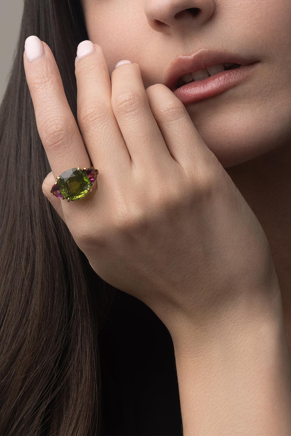 Peridot Tourmaline Cushion Ring-YELLOW GOLD-6-JEWELRYFINE JEWELRING-PIRANESI