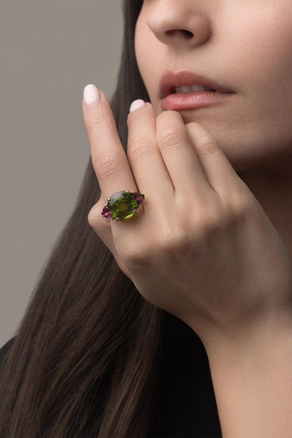 Peridot Tourmaline Cushion Ring-YELLOW GOLD-6-JEWELRYFINE JEWELRING-PIRANESI