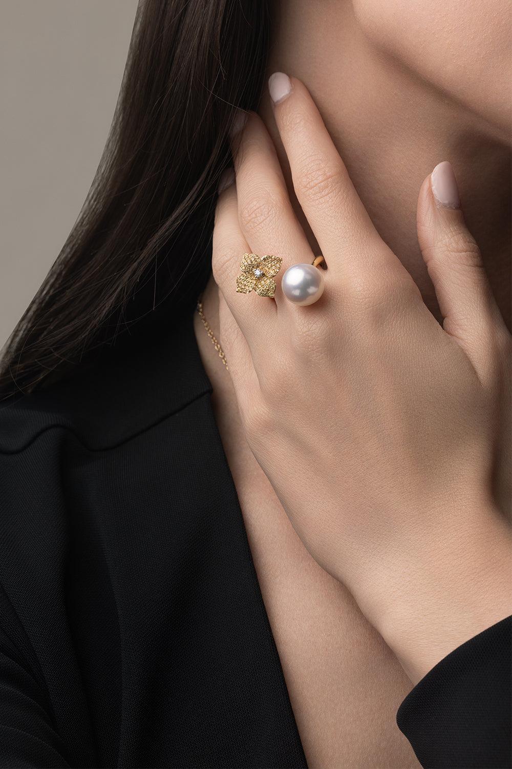 Yellow Sapphire Fiore Pearl Double Ring-YELLOW GOLD-6.25-JEWELRYFINE JEWELRING-PIRANESI