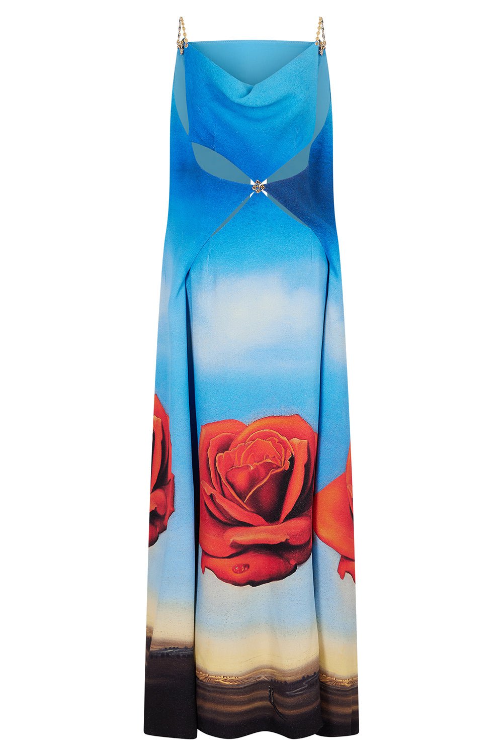 RABANNE-Strappy Cape Maxi Dress-BLU/ROSE