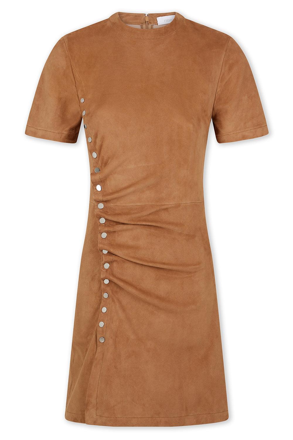 Gathered Button Short Dress - New Caramel-NWCARAML-36-CLOTHINGDRESSCASUAL-RABANNE