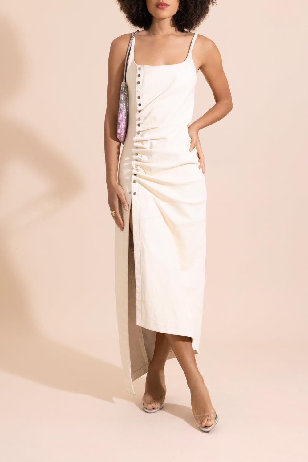 Sleeveless Button Front Ruched Dress-OFF WHITE-36-CLOTHINGDRESSCASUAL-RABANNE