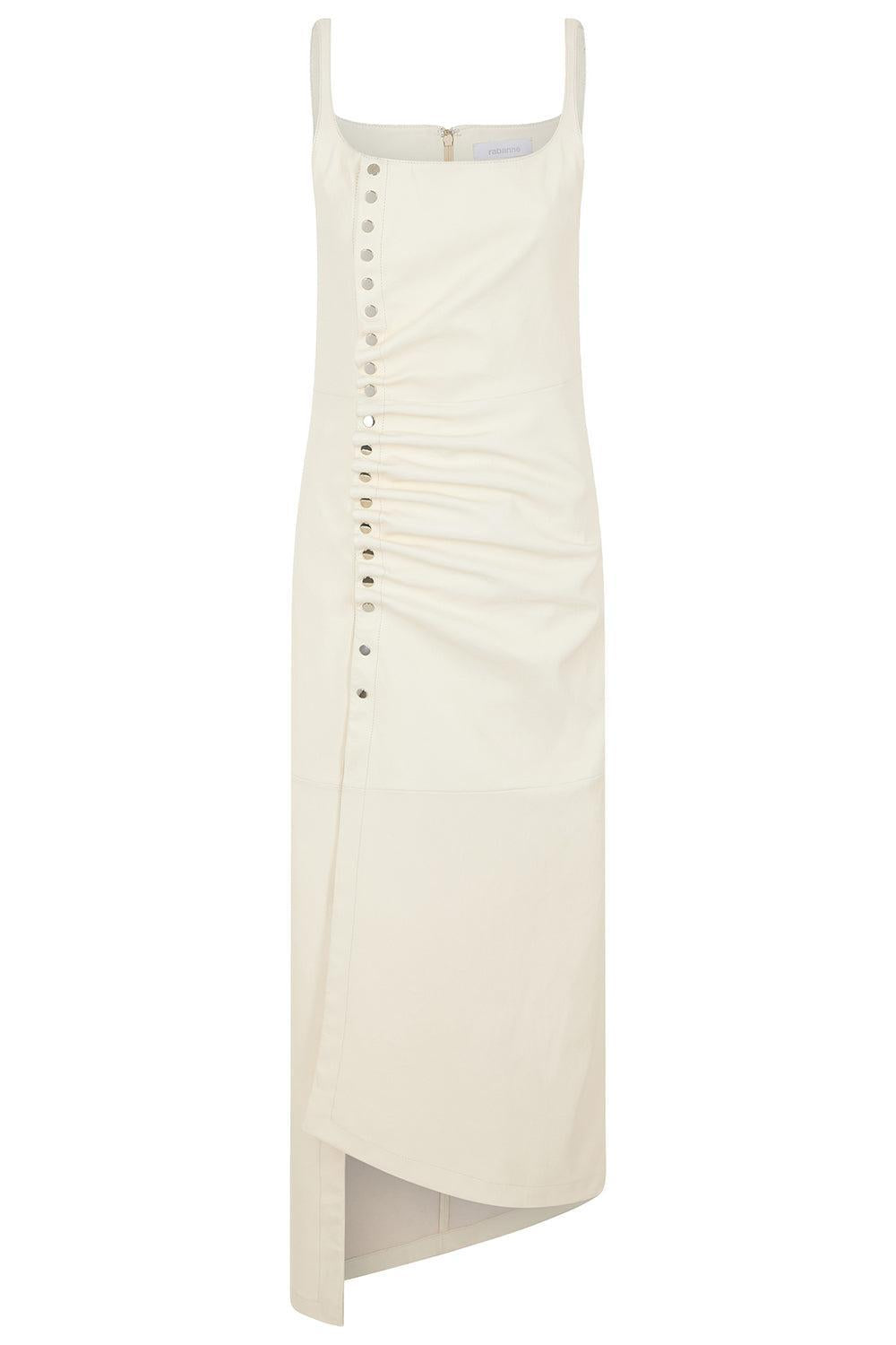 Sleeveless Button Front Ruched Dress-OFF WHITE-36-CLOTHINGDRESSCASUAL-RABANNE