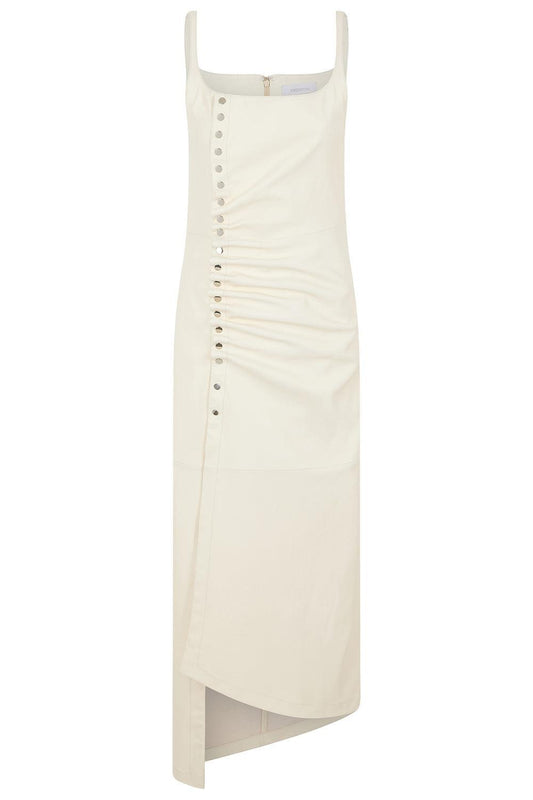 Sleeveless Button Front Ruched Dress-OFF WHITE-36-CLOTHINGDRESSCASUAL-RABANNE