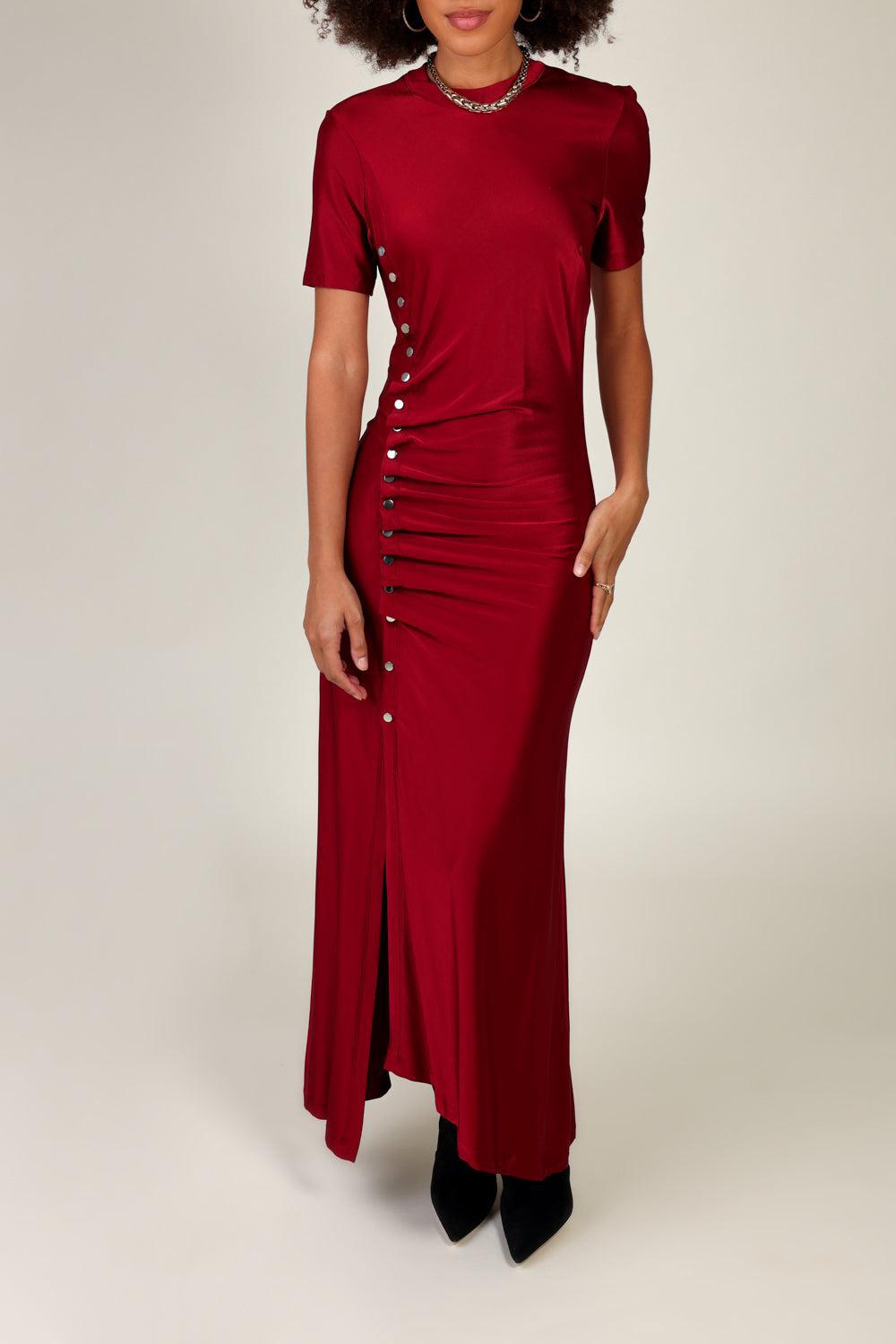 RUCHED BUTTONED MIDI DRESS-SCRLT RD-36-CLOTHINGDRESSCASUAL-Vendor