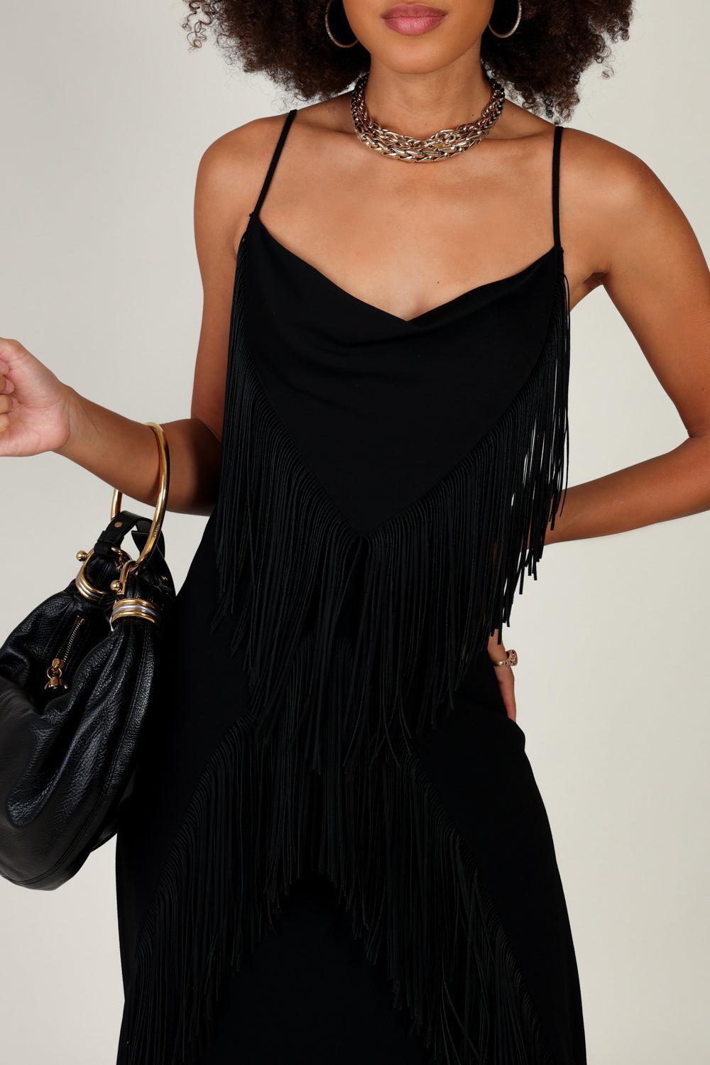 SLEEVELESS FRINGE MIDI DRESS-BLACK-36-CLOTHINGDRESSCOCKTAIL-Vendor