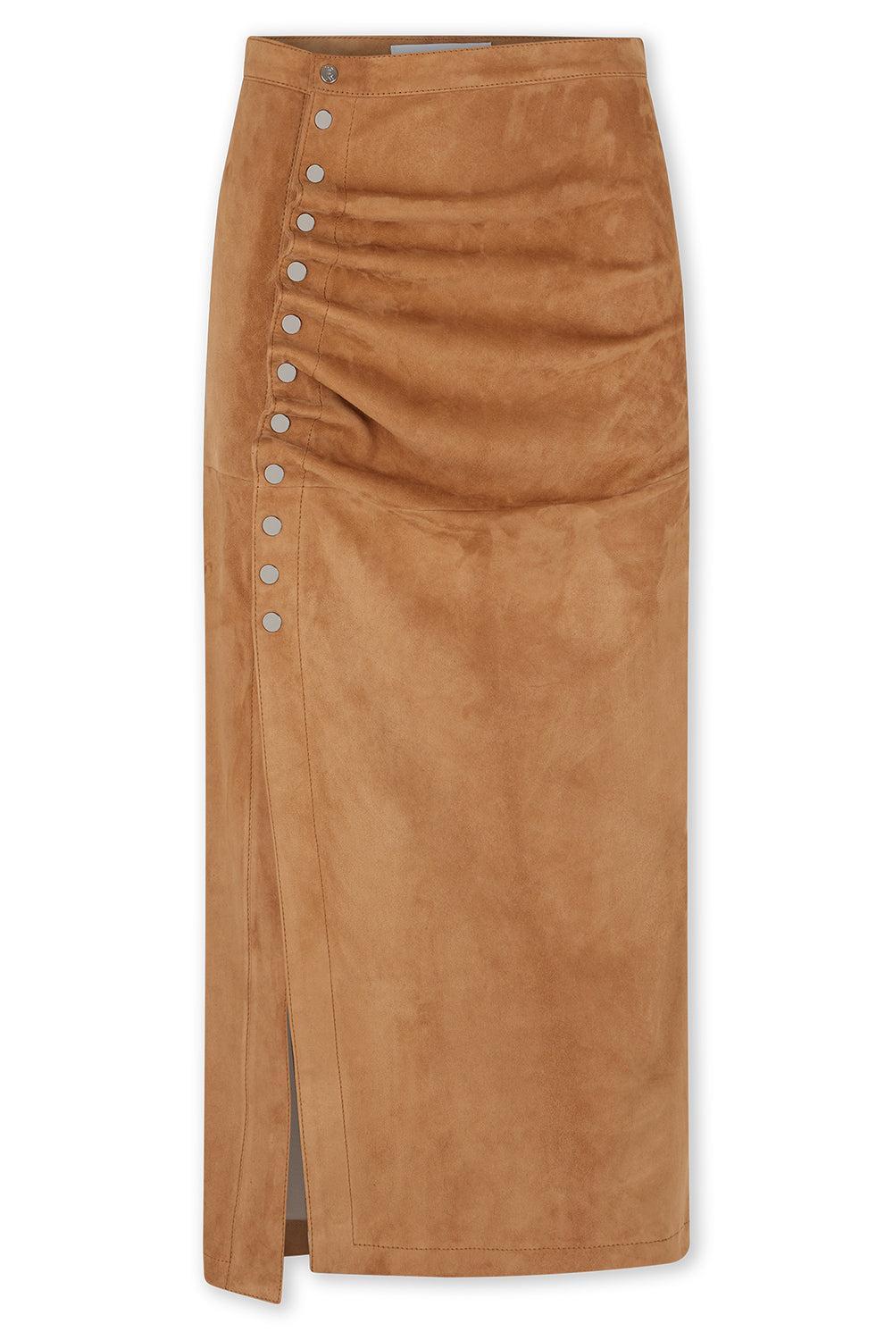 Gathered Button Skirt - New Caramel-NWCARAML-36-CLOTHINGSKIRTMIDI-RABANNE