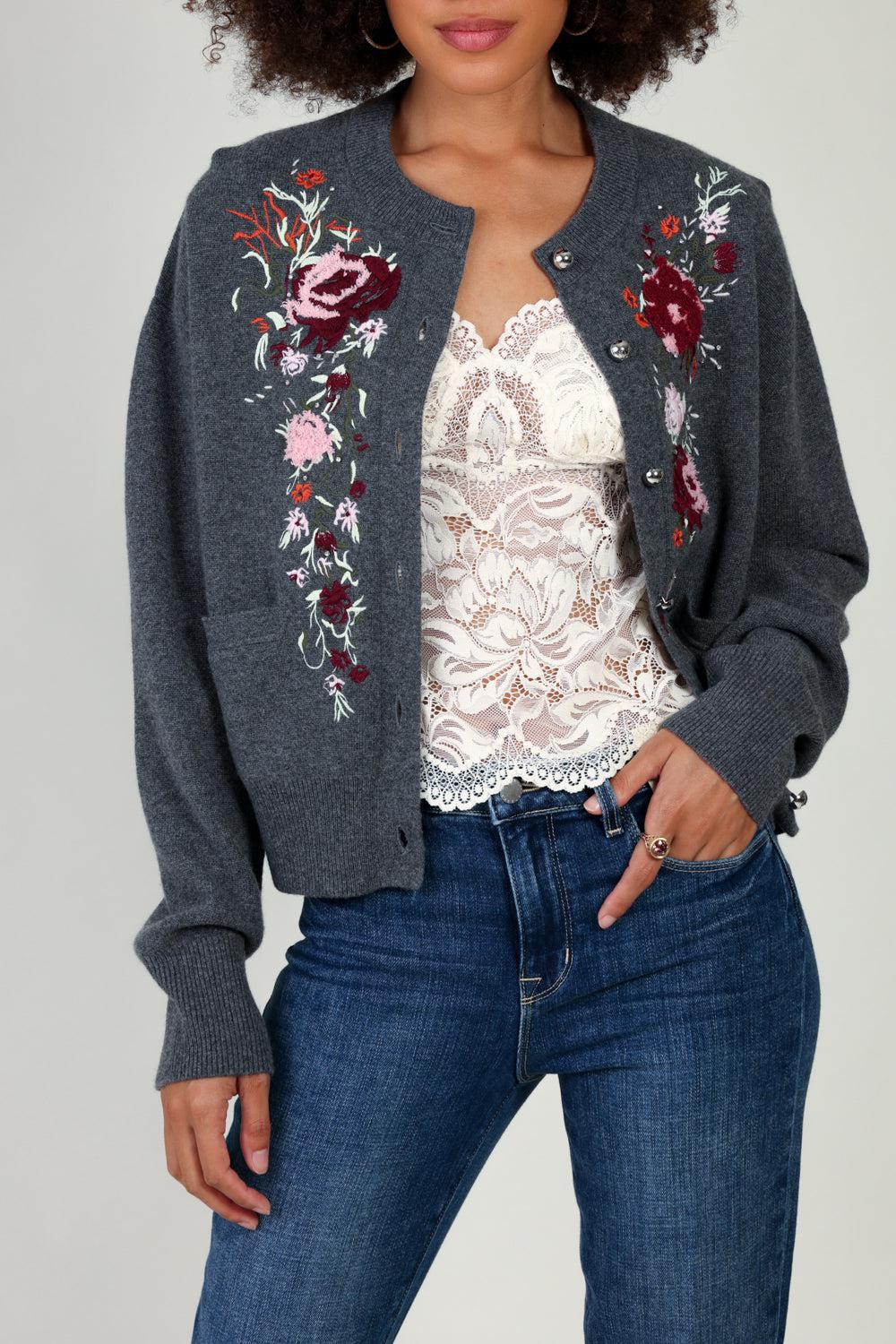 EMBROIDERED CREWNECK CARDIGAN-DK GREY-XS-CLOTHINGTOPCARDIGAN-Vendor