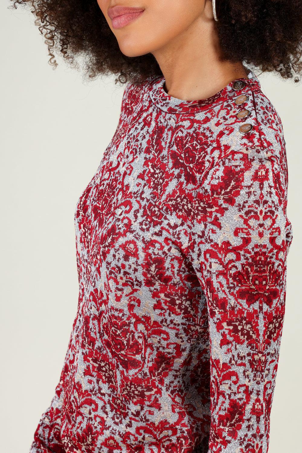 LONG SLEEVE PAISLEY TOP-RED/SILV-XS-CLOTHINGTOPKNITS-Vendor
