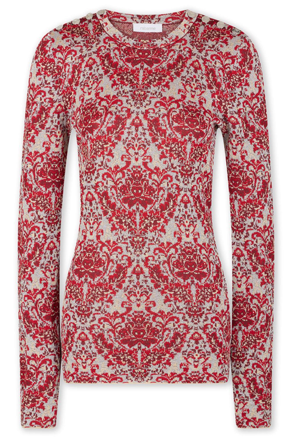 LONG SLEEVE PAISLEY TOP-RED/SILV-XS-CLOTHINGTOPKNITS-RABANNE