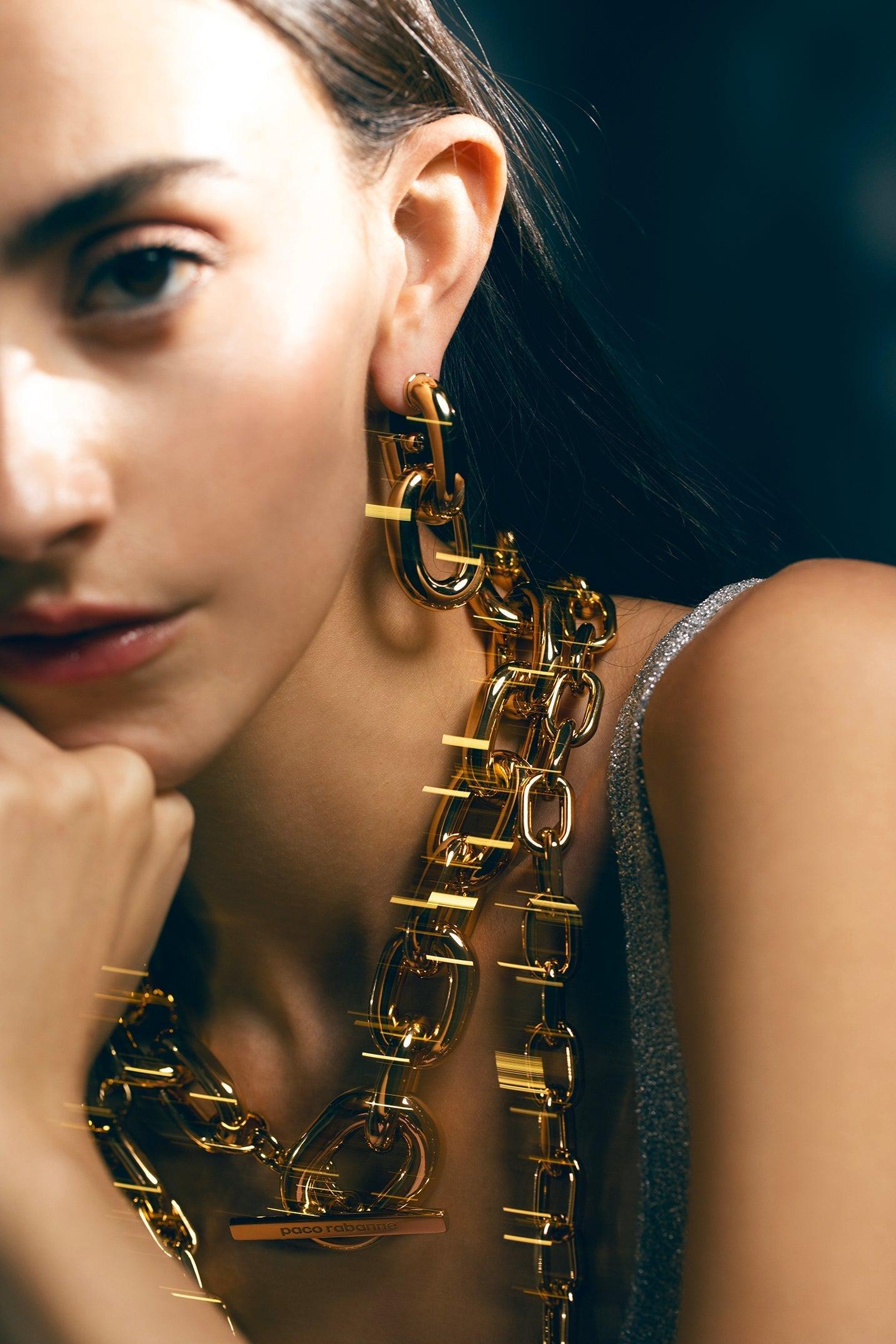 RABANNE-XL Gold Link Hoop Earrings-GOLD
