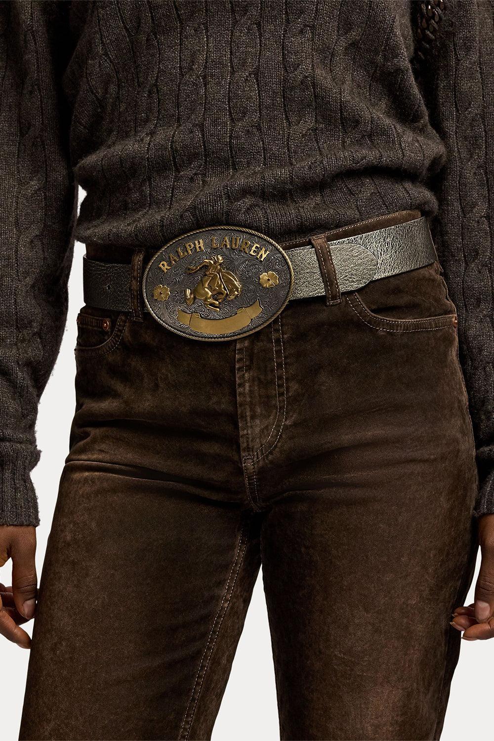 Rodeo-Buckle Metallic Vachetta Wide Belt-BROWN-S-ACCESSORIEBELTS-RALPH LAUREN