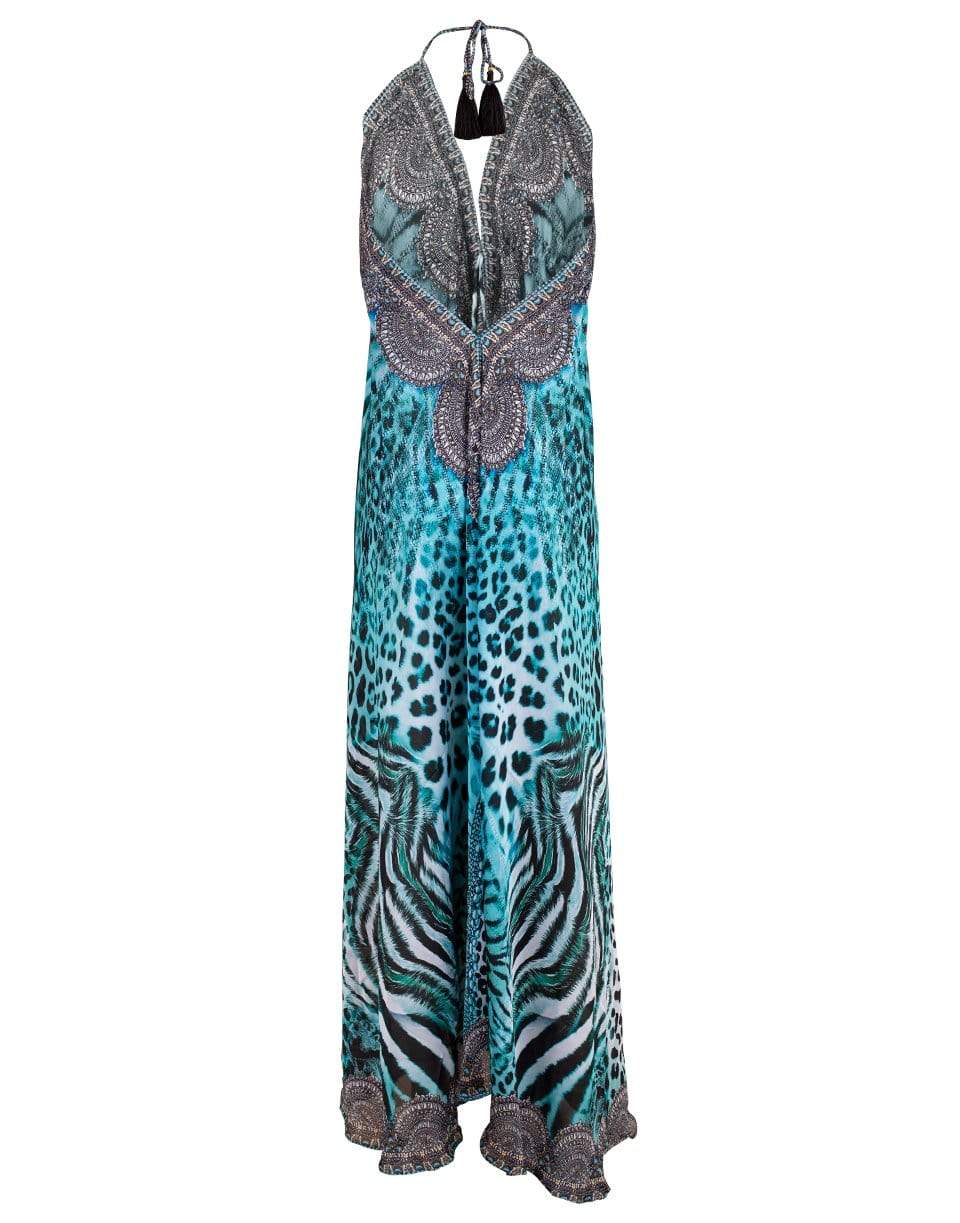 RANEES-Blue Hawaii V-Neck Long Halter Dress-BLUE