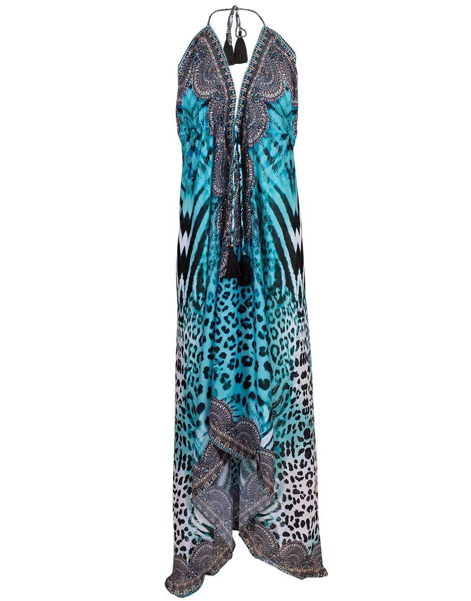 RANEES-Blue Hawaii V-Neck Long Halter Dress-BLUE
