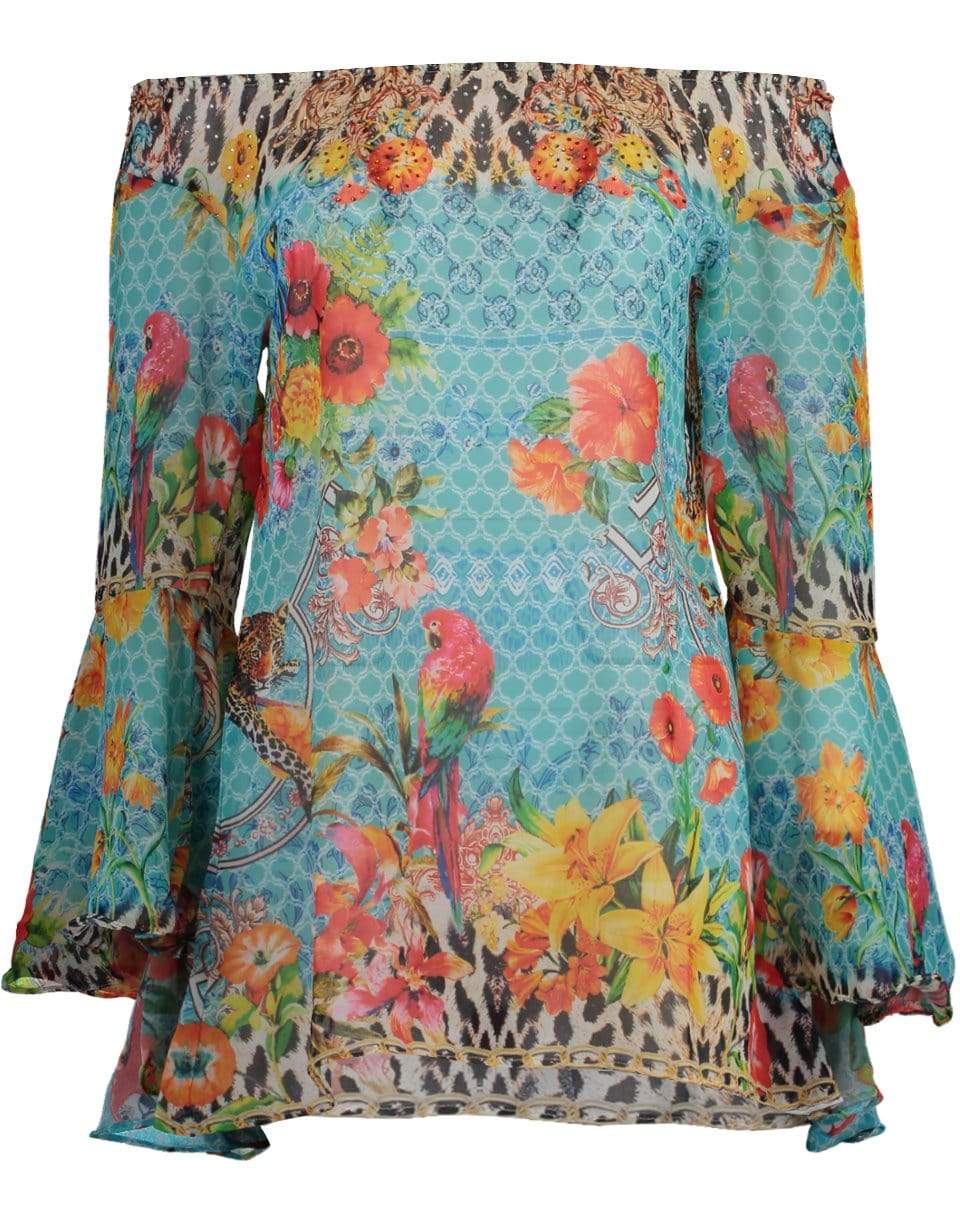 RANEES-Blue Off Shoulder Flare Sleeve Print Top-