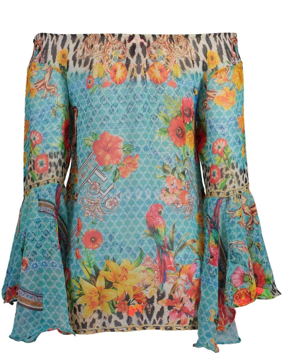RANEES-Blue Off Shoulder Flare Sleeve Print Top-