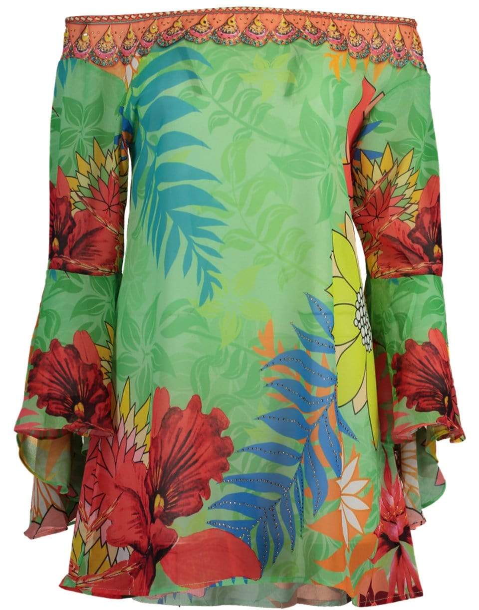 RANEES-Green Off Shoulder Flare Sleeve Print Top-