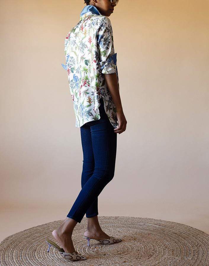 RANI ARABELLA-Tropical Bird Print Silk Button Up Shirt-